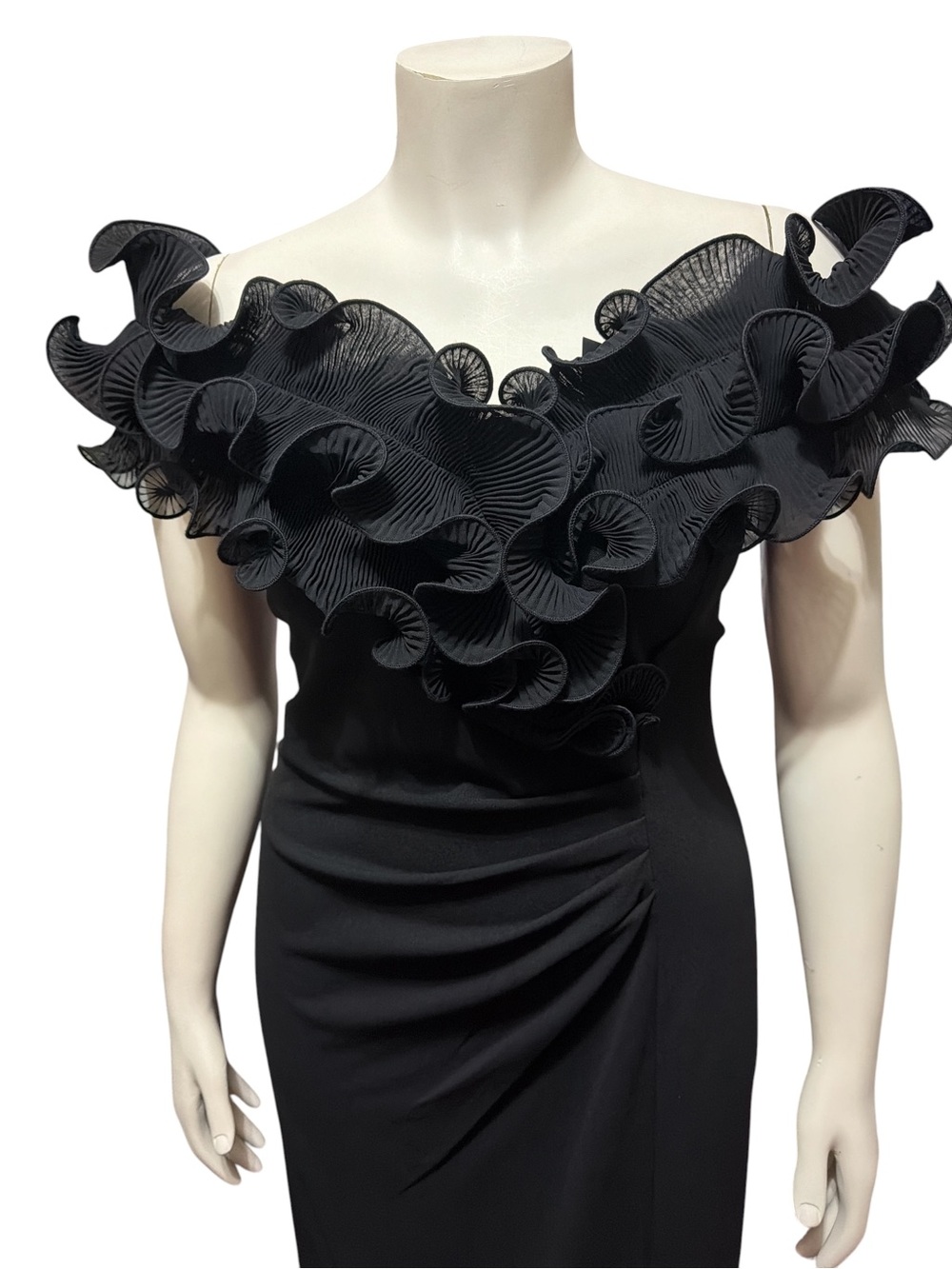 NWT Xscape Sz 16 Black Ruffle Off the Shoulder Scuba Crepe Midi Dress $228 - Picture 6 of 11